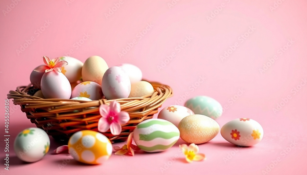Pastel Easter eggs with patterns spilling from basket on pink background Pastel Easter eggs with patterns spilling from basket on pink background