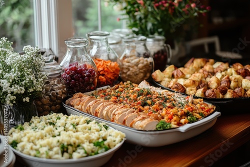 Delicious buffet spread featuring various dishes at a cozy indoor gathering in the afternoon