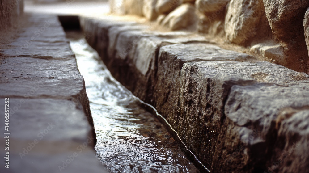 A gentle stream flows through ancient stone channels, exuding timelessness in a serene and rustic setting. A gentle stream flows through ancient stone channels, exuding timelessness in a serene and rustic setting.