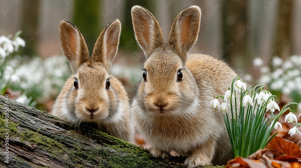 Fototapeta premium Two rabbits peek from behind a mossy log with white flowers, on brown leaf litter