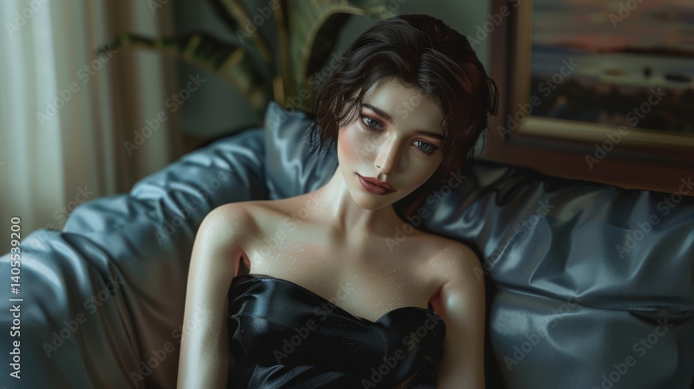 Lifelike AI humanoid robot with synthetic skin and expressive eyes, wearing a black satin dress, sitting on a luxurious leather sofa Lifelike AI humanoid robot with synthetic skin and expressive eyes, wearing a black satin dress, sitting on a luxurious leather sofa