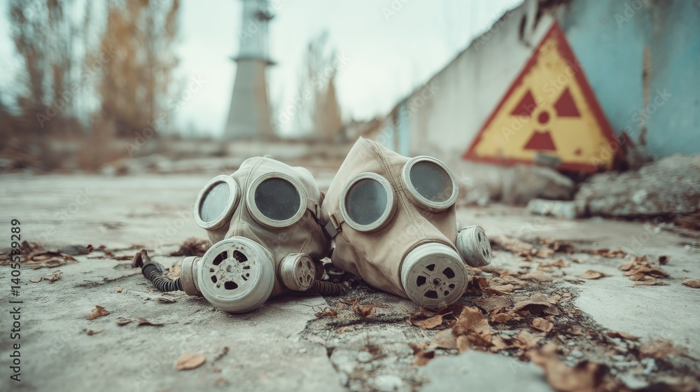 Two gas masks lying near nuclear warning sign reflecting legacy of contamination and irreversible ecological damage