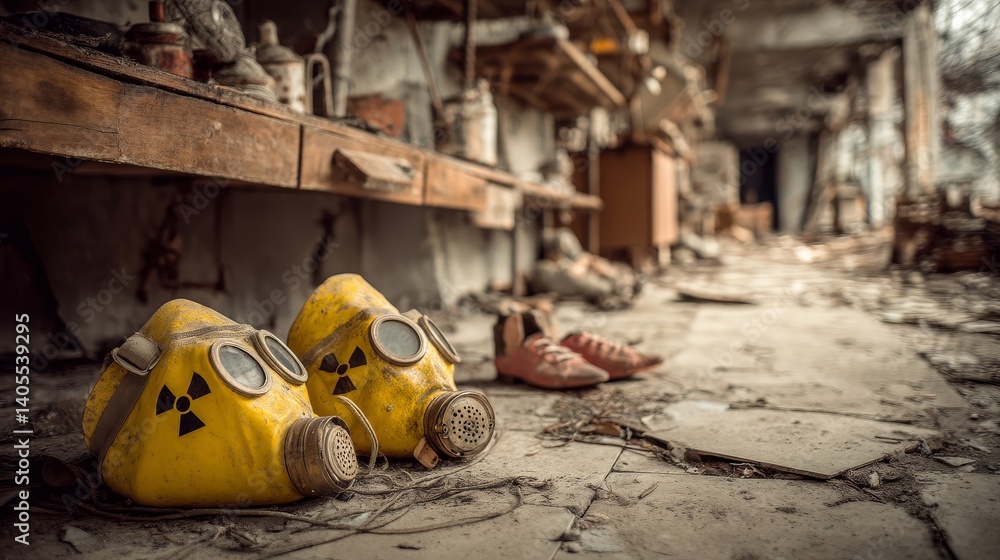 Yellow gas masks abandoned in radioactive ruins warn of industrial collapse and human vulnerability in toxic environment