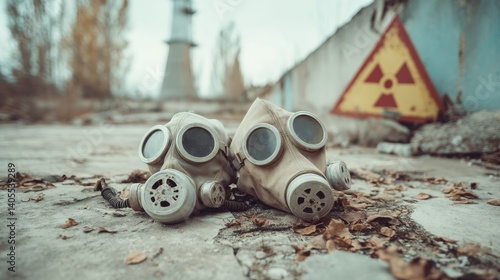 Obraz na płótnie Two gas masks lying near nuclear warning sign reflecting legacy of contamination and irreversible ecological damage w salonie