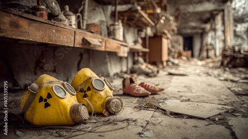 Yellow gas masks abandoned in radioactive ruins warn of industrial collapse and human vulnerability in toxic environment