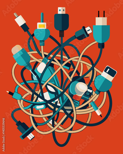A the tangle of wires cords and adapters its hard to imagine what could have once been a functioning piece of technology.. Vector illustration