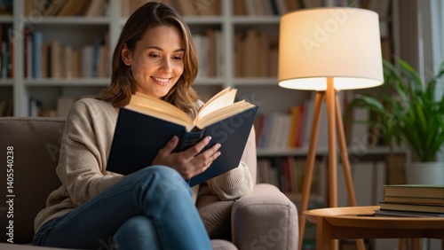 Wallpaper Mural Smiling young woman reading a book on a cozy couch, joyful relaxation Torontodigital.ca
