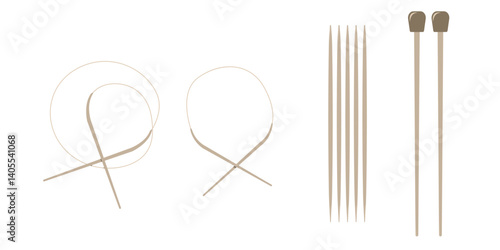 Set of different knitting needles. Circular, stocking, straight. Vector illustration