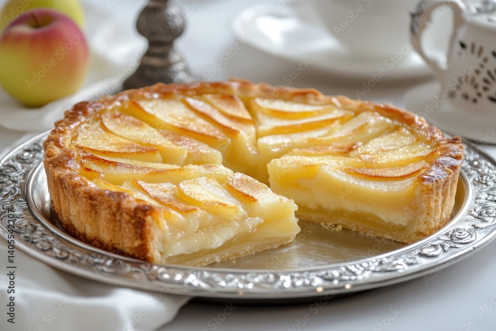 A sliced pear tart, golden and delicious, served on a decorative plate. A sliced pear tart, golden and delicious, served on a decorative plate.