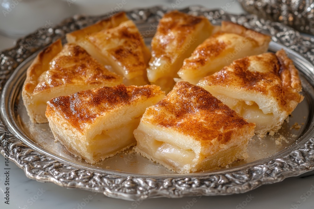 Golden-brown, sliced pies with a sweet filling on a decorative tray. Golden-brown, sliced pies with a sweet filling on a decorative tray.