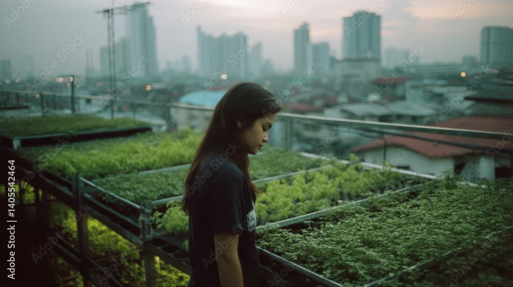 Fototapeta premium A young girl tends to vibrant green plants on a rooftop against a cityscape at dusk, capturing a serene blend of nature and urban life.