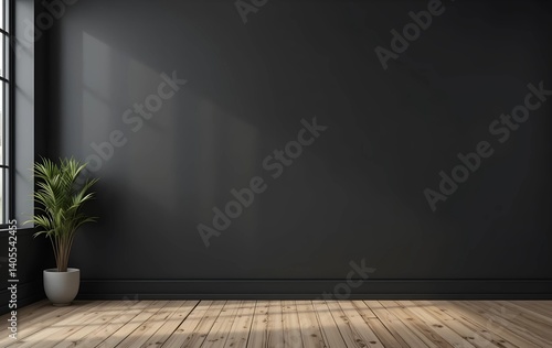 Modern black wall mockup in office with wooden floor and plant placed near window, matt black wall with wooden floor in an empty office