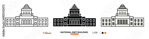 National Diet Building Line Icon. Tokyo, Japan, Landmark, Silhouette, Color Vector, Editable Stroke.