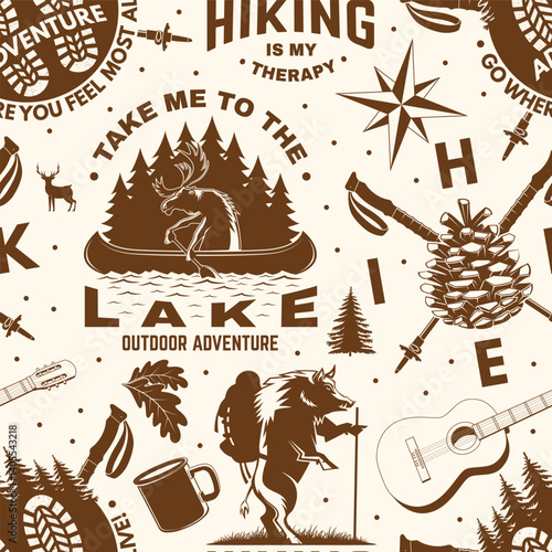 Hiking outdoor adventure seamless pattern. Background, wallpaper, seamless pattern with pin forest, hiker, hiking boots, moose in canoe, lake and mountain. Vector.