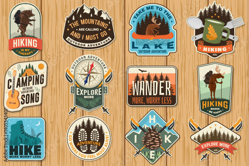 Set of logo, badge design with inspirational adventure quotes. Concept with pin forest, hiker, hiking boots, moose in canoe, lake and mountain. Vector illustration.