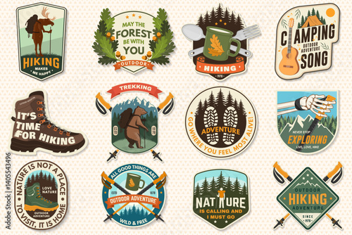 Set of hiking patch design with inspirational adventure quotes. Concept with pin forest, hiker, hiking boots, moose, bear and mountain. Vector illustration.