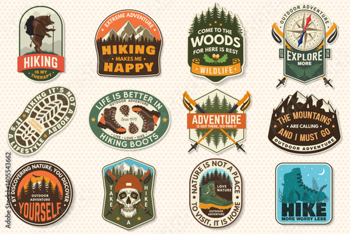 Set of hiking patch design with inspirational adventure quotes. Concept with pin forest, hiker, hiking boots, moose, bear and mountain. Vector illustration.