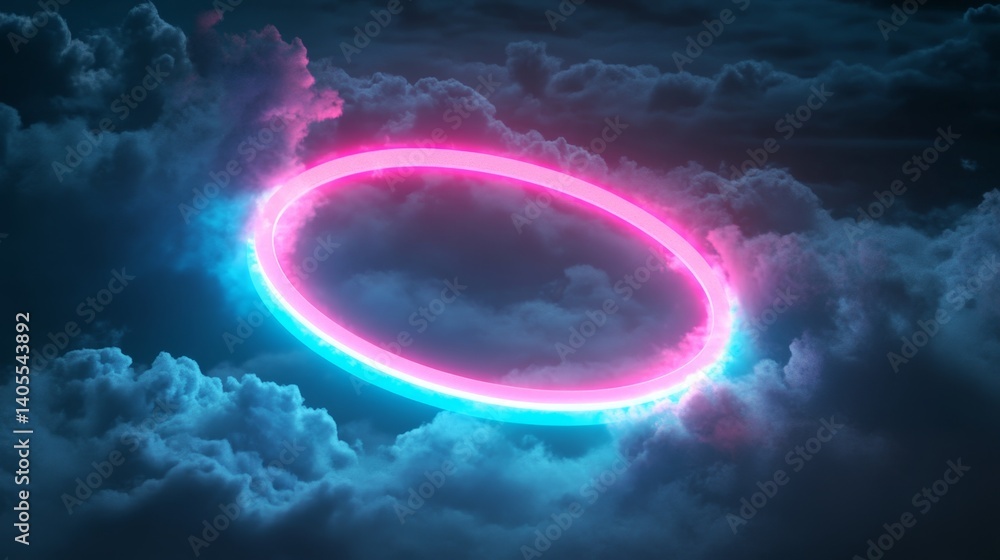 Fototapeta premium Neon ring in a dark cloudy sky