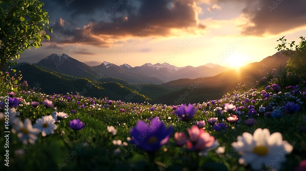 Obraz premium Majestic Sunset over Flowery Mountain Meadow.