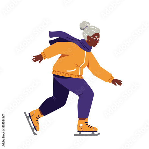 Active elderly African American woman skating joyfully on ice  
