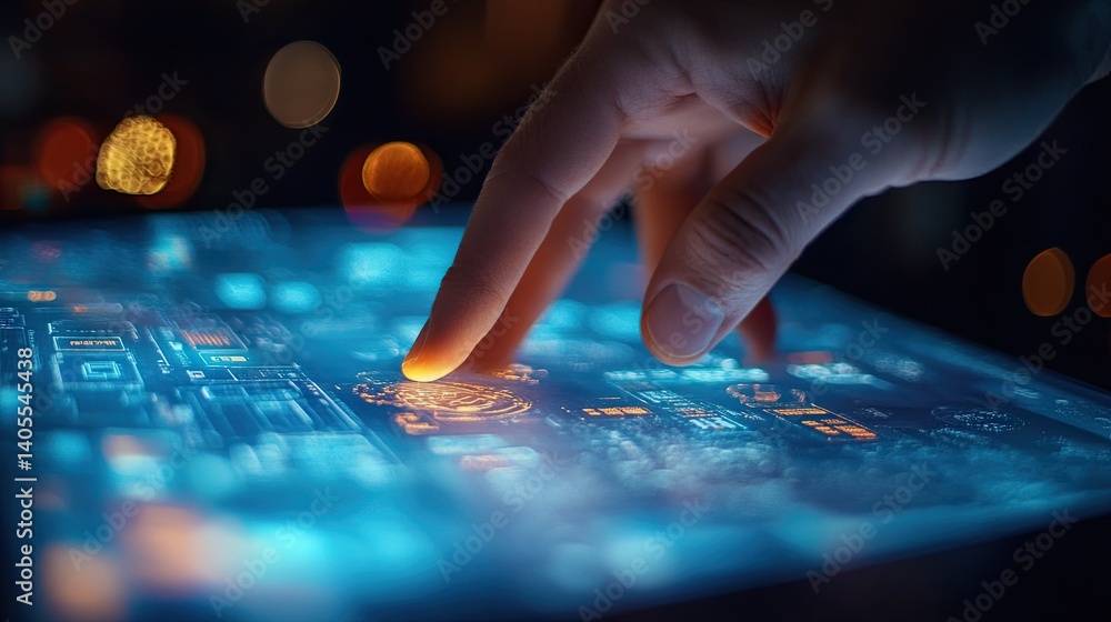 Close up hand installing business software on desktop, representing digital transformation, tech onboarding, and company system configuration Close up hand installing business software on desktop, representing digital transformation, tech onboarding, and company system configuration