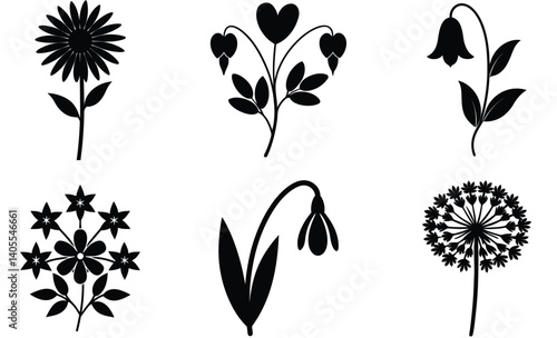 Wildflower Silhouette Vector Collection, Phlox, Breeches, Black-eyed Susan, Queen Anne’s Lace, Snowdrop, Harebell