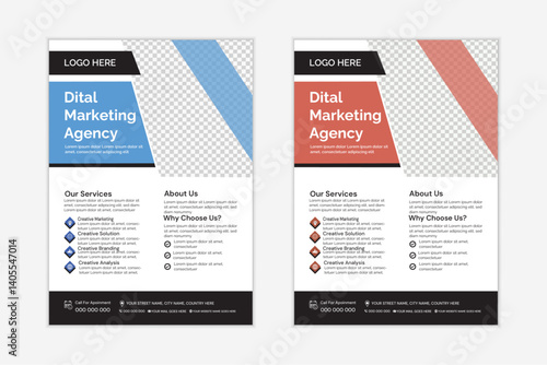 Corporate business flyer template design set with blue, orange, red and yellow color. marketing, business proposal, promotion, advertise, publication, cover page. new digital marketing flyer set.