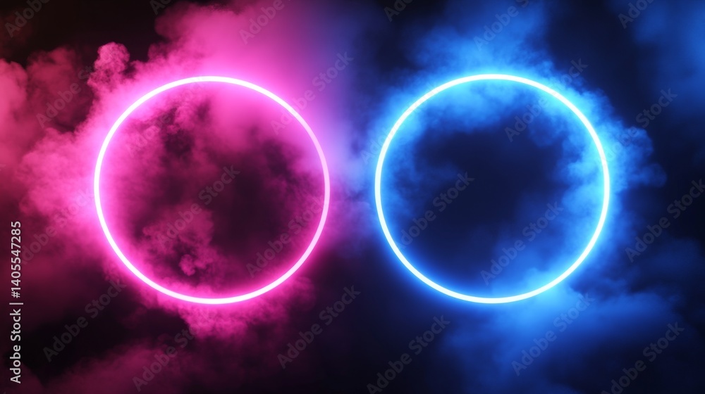 Fototapeta premium Neon circles in smoky background