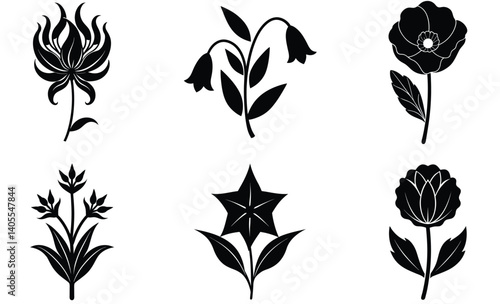 Wildflower Silhouette Vector Collection, Kangaroo Paw, Iceland Poppy, Flame Lily, Garlic Flower, Parrot Tulip, Bluebell