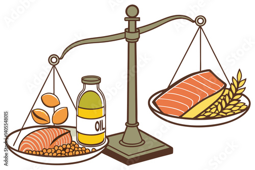90 balanced nutrition, omega-3 vs omega-6, fish oil and olive oil bottles, salmon fillet, corn and soybeans, metal balance scale, health equilibrium, dietary fats comparison, photorealistic, studio li