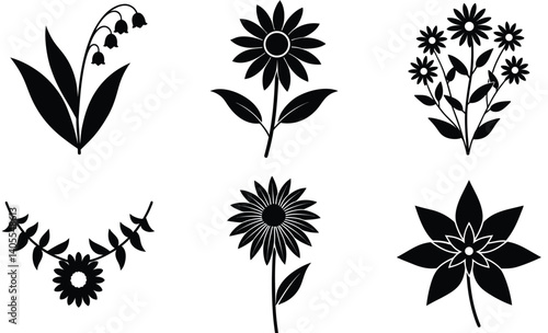 Wildflower Silhouette Vector Collection, Black Eyed Susan, Daisy, Echinacea, Borage, Lily Valley and Garland Mum