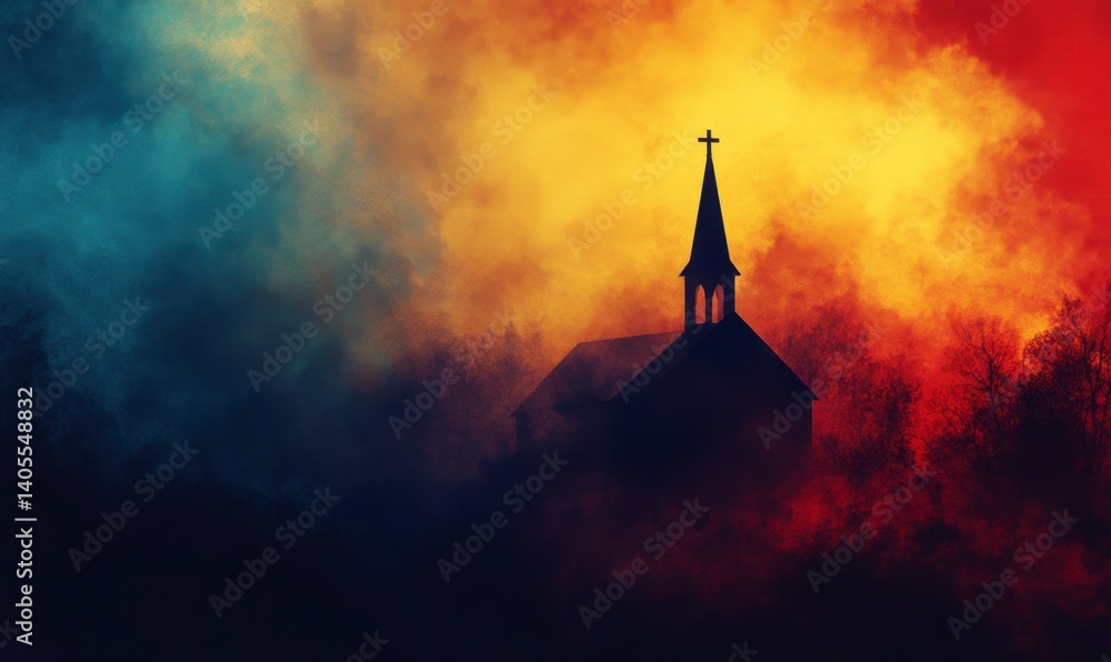 Fototapeta premium Mystical Church Silhouette Against Colorful Foggy Background