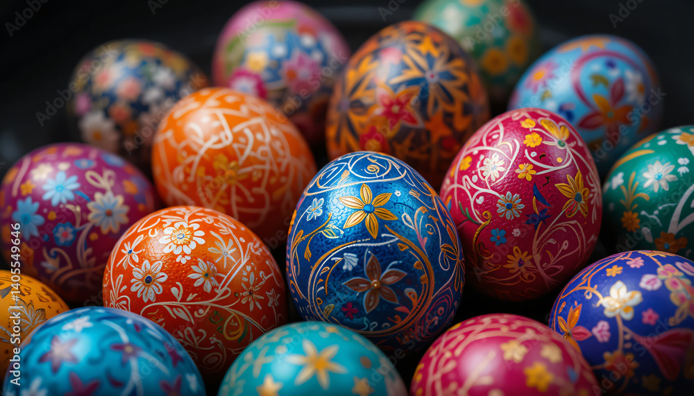 Close-up of Hand-Painted Colorful Easter Eggs with Intricate Patterns on Dark Background. Close-up of Hand-Painted Colorful Easter Eggs with Intricate Patterns on Dark Background.