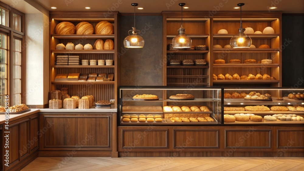 Variety of bread loaves and baked goods on wooden shelves in bakery interior. Food and shop concept Variety of bread loaves and baked goods on wooden shelves in bakery interior. Food and shop concept