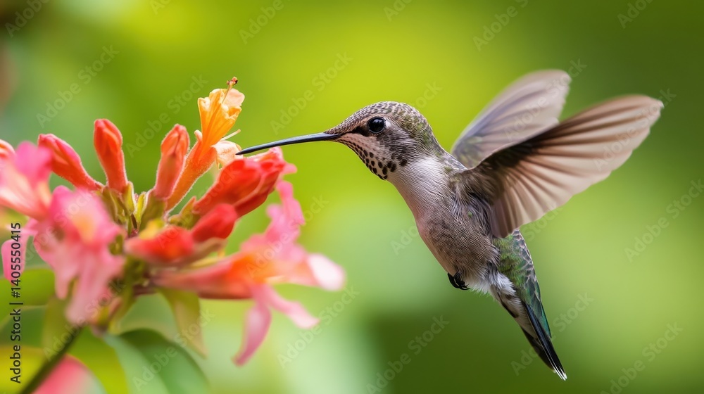 Fototapeta premium A hummingbird hovering near flowers while collecting nectar from blooms
