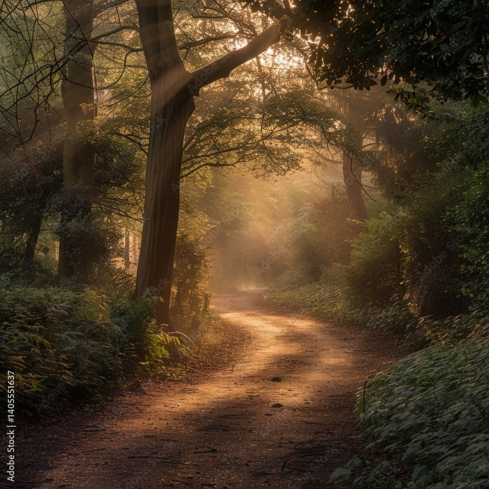 Obraz premium Sunbeams Forest Path Dawn.