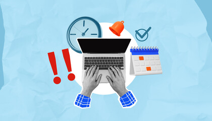 Creative productivity concept showing hands typing on laptop with clock, calendar, exclamation marks, and reminder icons on blue background.
