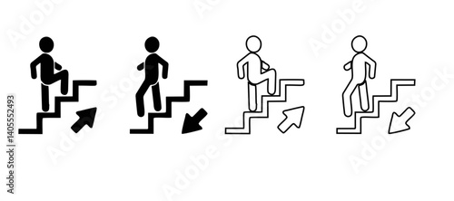 Stairs and escalator icon set up down steps signs. Vector symbols of stairs and escalators pointers