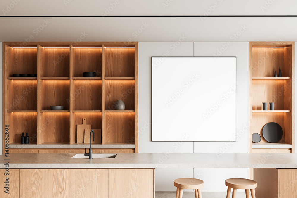 Fototapeta premium Minimalist kitchen interior with blank poster frame on wall above counter and stools for clean presentation or design layout mockup template use. 3D Rendering
