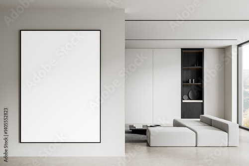 Modern minimalist living room interior with large vertical blank frame on wall and white modular sofa near dark accent shelf in soft daylight setting. 3D Rendering