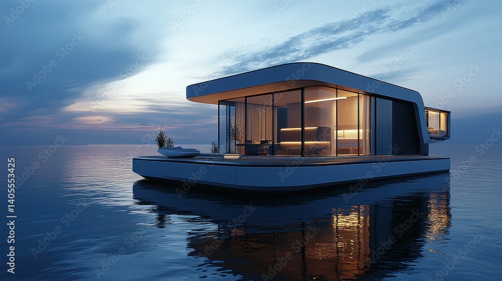 Luxury Floating Home at Sunset: Modern Architectural Design on Calm Water Luxury Floating Home at Sunset: Modern Architectural Design on Calm Water