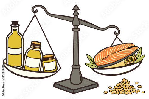 90 balanced nutrition, omega-3 vs omega-6, fish oil and olive oil bottles, salmon fillet, corn and soybeans, metal balance scale, health equilibrium, dietary fats comparison, photorealistic, studio li