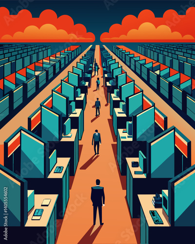 The once bustling headquarters of a major company now sits desolate with rows of empty cubicles and a dwindling staff due to downsizing efforts.. Vector illustration