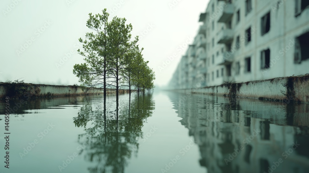 Flooded street between abandoned buildings and surviving trees reveals climate adaptation gap in city planning