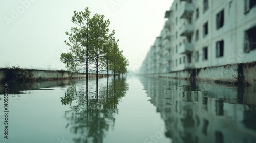 Obraz na płótnie Flooded street between abandoned buildings and surviving trees reveals climate adaptation gap in city planning w salonie