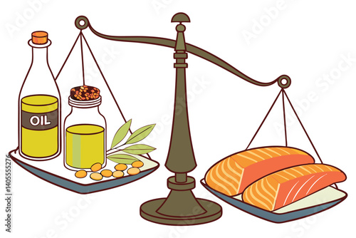 90 balanced nutrition, omega-3 vs omega-6, fish oil and olive oil bottles, salmon fillet, corn and soybeans, metal balance scale, health equilibrium, dietary fats comparison, photorealistic, studio li