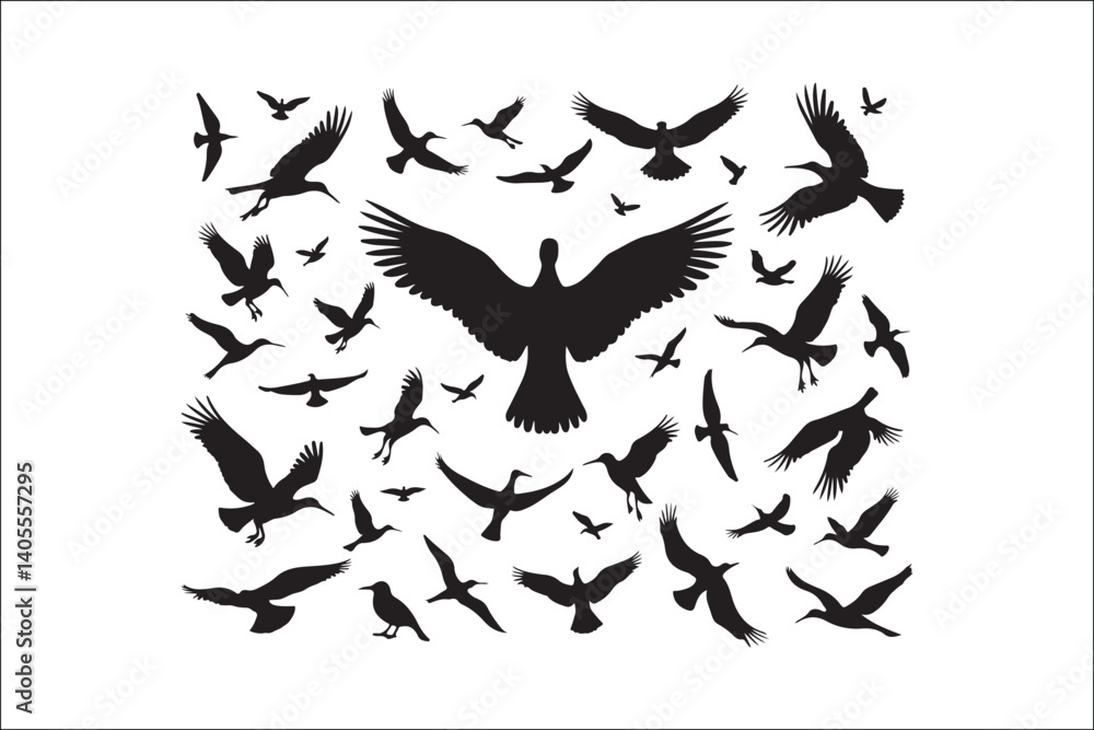 Naklejka premium Bird Silhouette Bundle | Flying Birds Vector Clipart | SVG, PNG, EPS for Cricut & Laser CuttingBirds Vector Silhouettes | Wildlife Animal SVG Files | Digital Bird Clipart for Crafts & DecorFlying