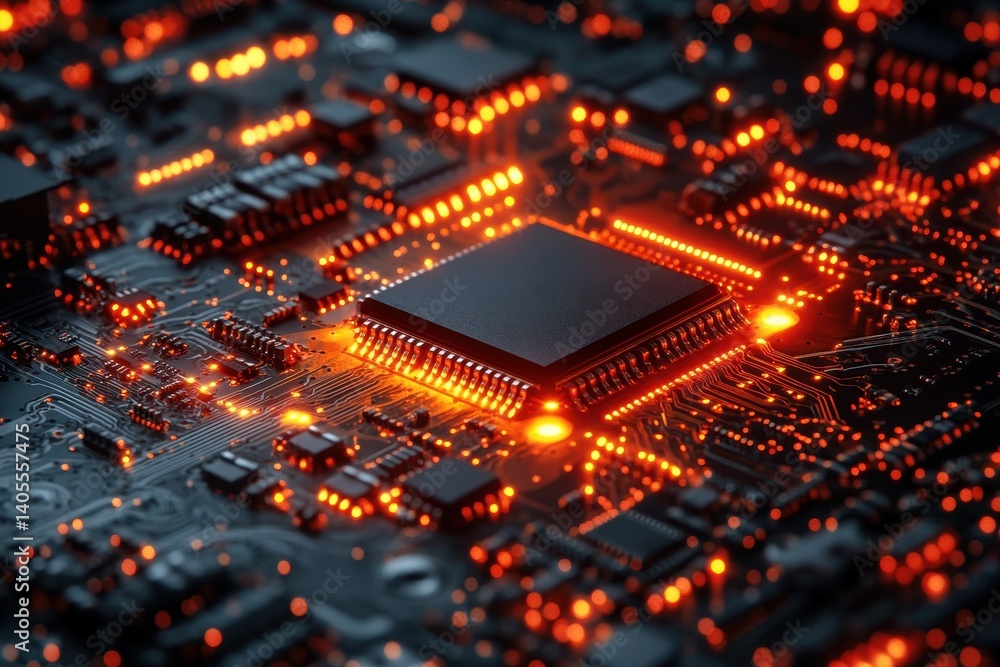 Close-up view of a computer circuit board with glowing components at night in a tech lab Close-up view of a computer circuit board with glowing components at night in a tech lab