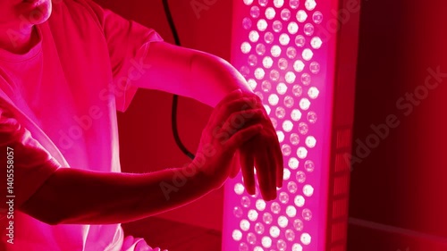 Slow motion of senior white woman applying red light therapy to her arm using a vertical LED panel while seated on the floor at home