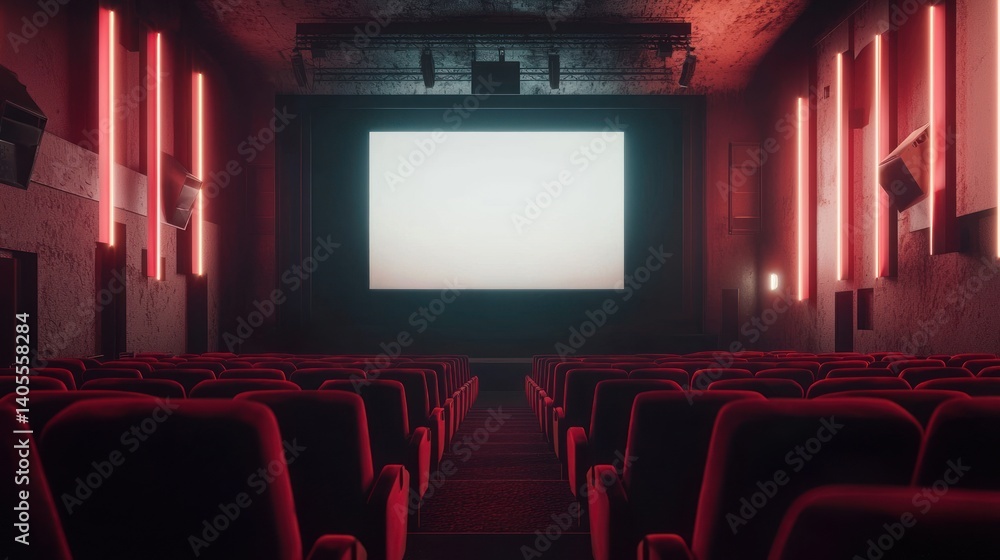 Fototapeta premium Empty Cinema Theater with Red Seats and Neon Lights